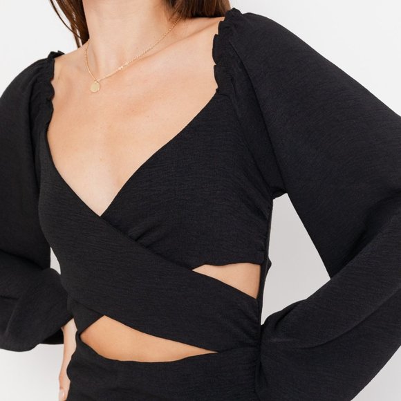 Long Sleeve Ruched Wrap Tie Mini Dress - Picture 2 of 4